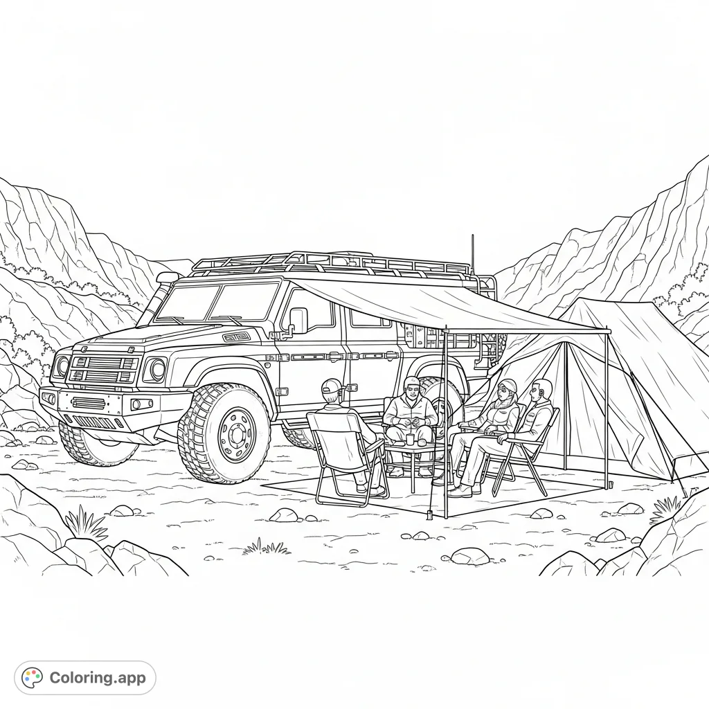 Experience rugged adventure with this Ineos Grenadier coloring page, featuring the powerful off-road vehicle with an awning, tent, and people camping outdoors.