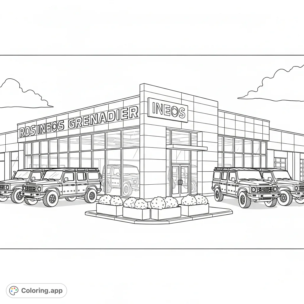 Explore the RDS Ineos Grenadier dealership in Devon, PA, with rugged Grenadier vehicles parked on the lot. A detailed automotive coloring page for enthusiasts.