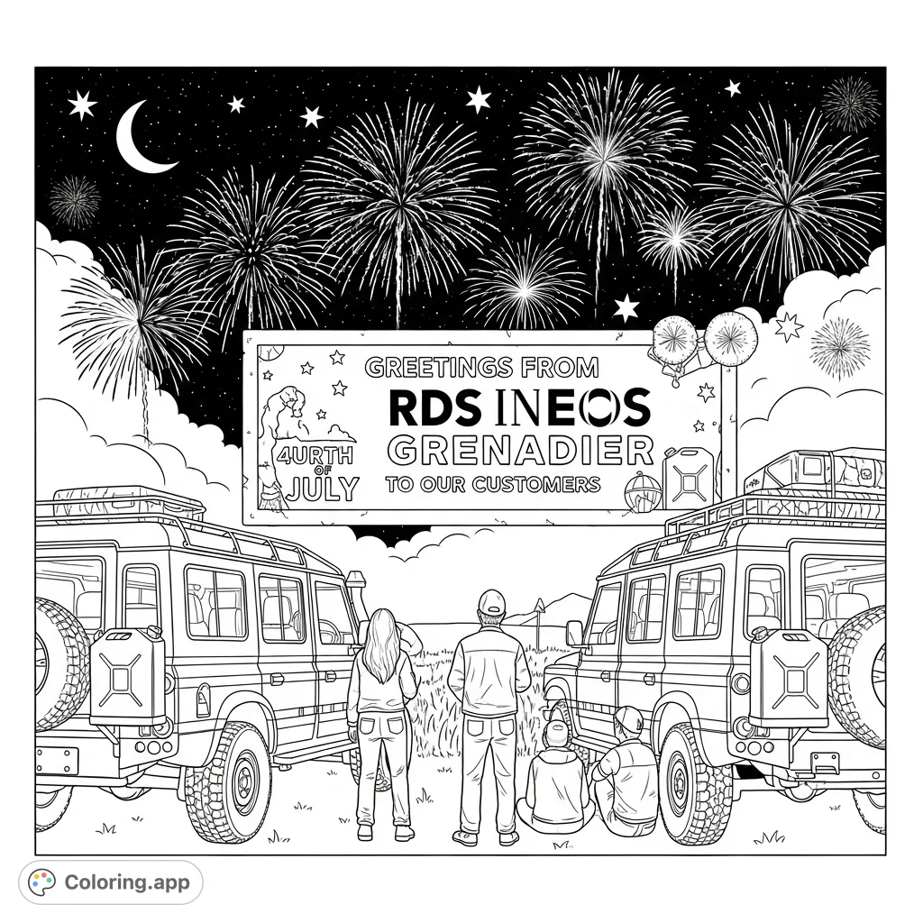 Celebrate Fourth of July with the Ineos Grenadier! Features vehicles, fireworks, and people enjoying the festivities.