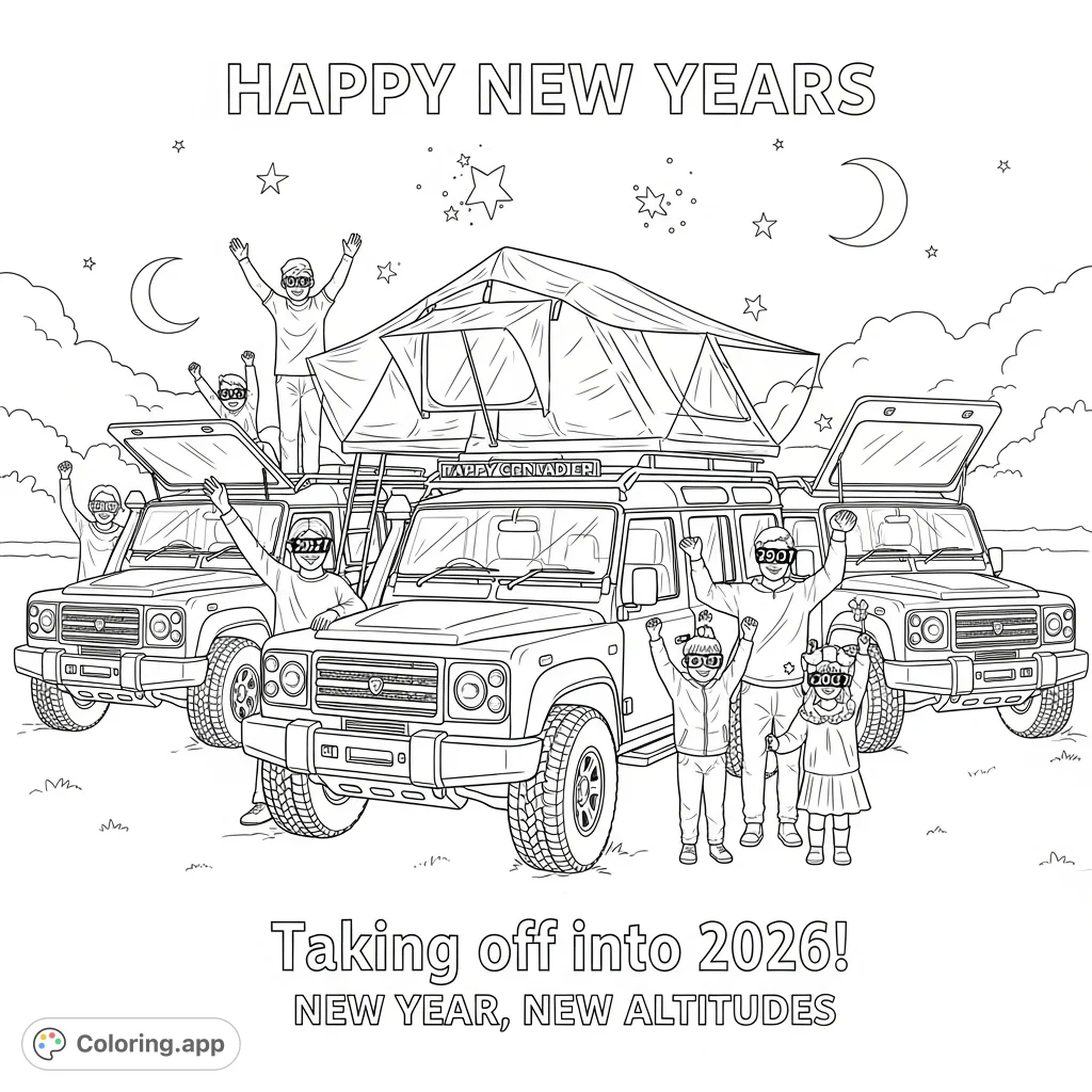 Celebrate the New Year with three INEOS GRENADIER vehicles, families counting down, and festive text. A fun, free printable coloring page for all!