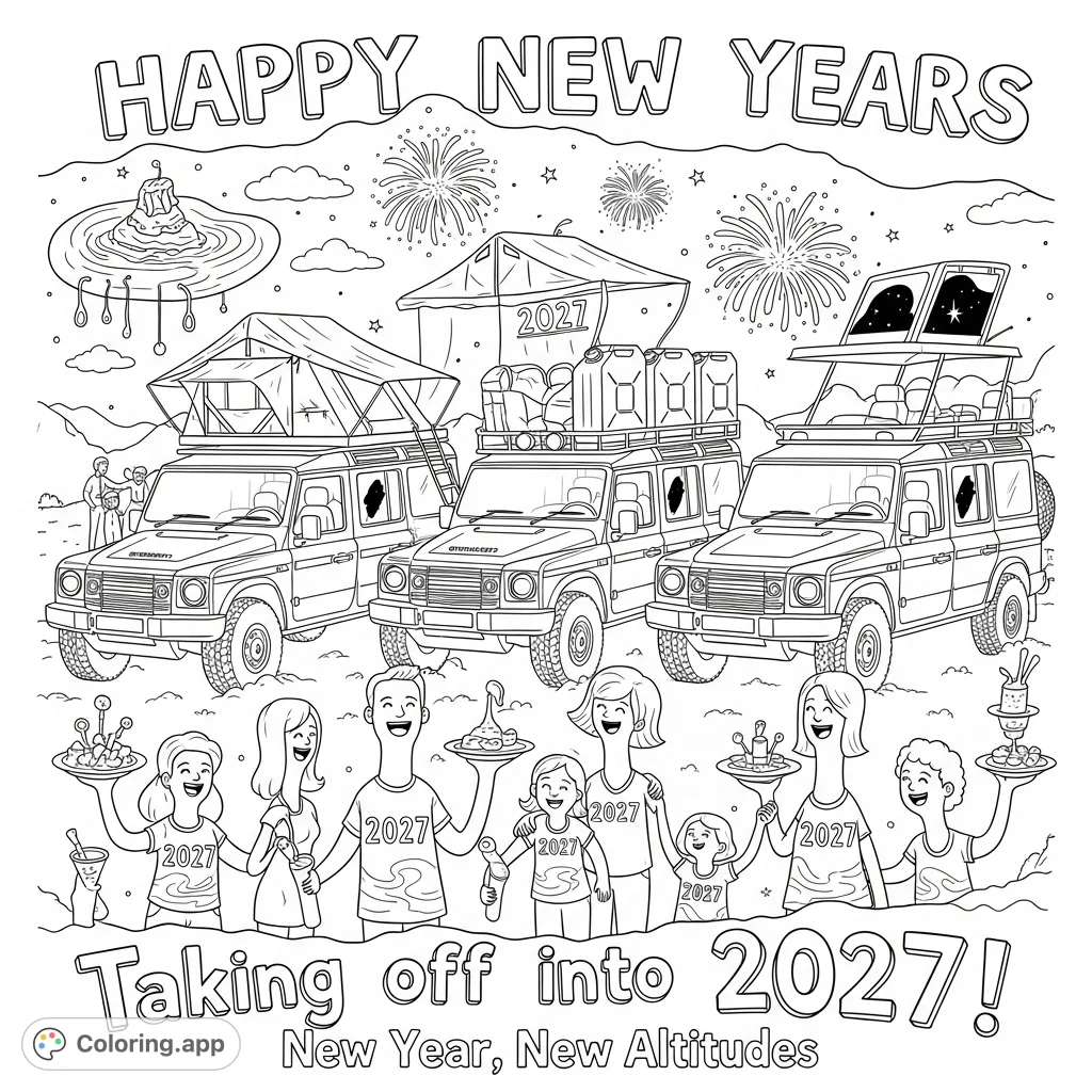 Celebrate 2027 with INEOS GRENADIER vehicles, families, and fireworks in a fun New Year countdown scene. Perfect for vehicle enthusiasts and festive spirits!