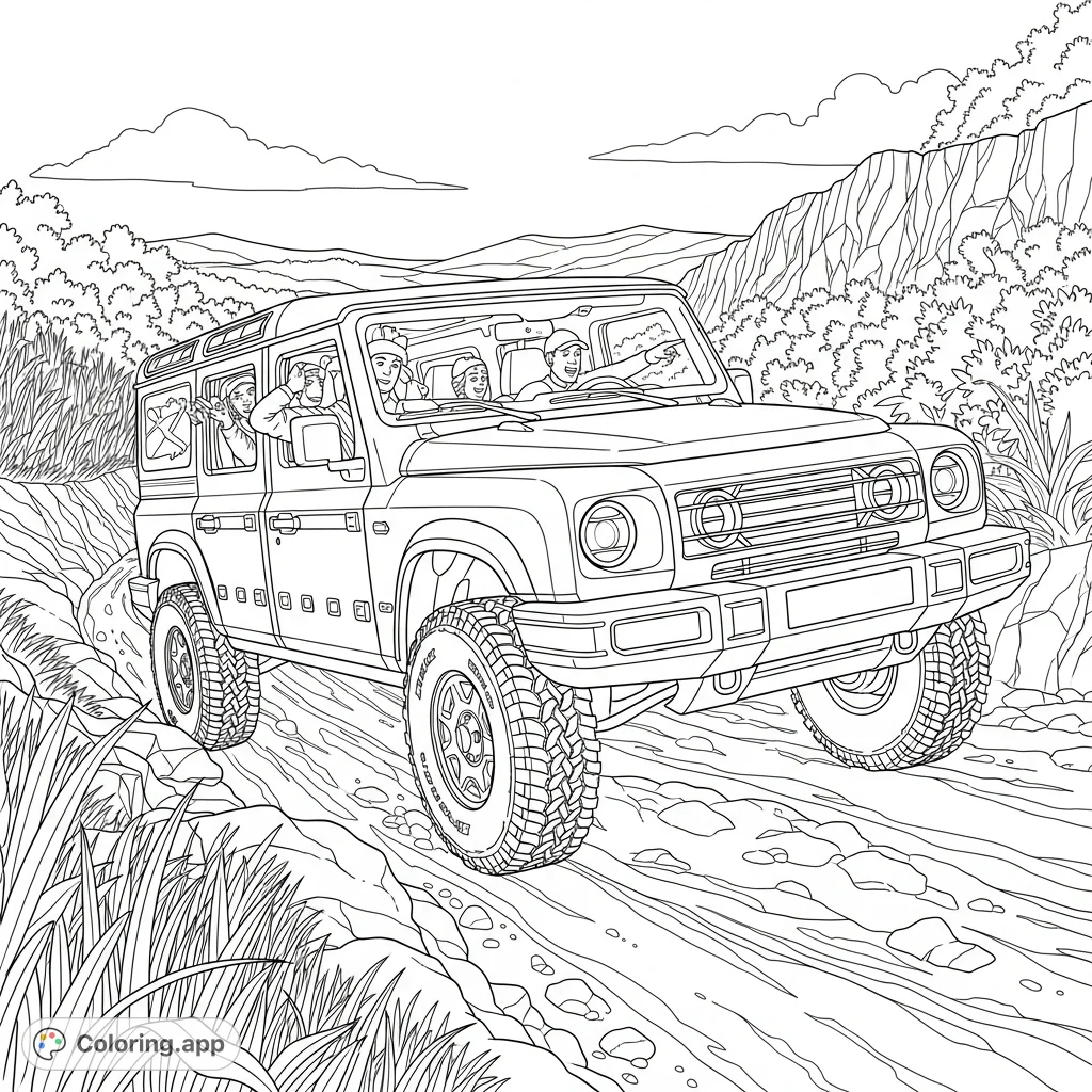 Embark on an epic off-road journey with the powerful RDS Ineos Grenadier. This detailed coloring page features passengers enjoying a rugged, adventurous landscape.