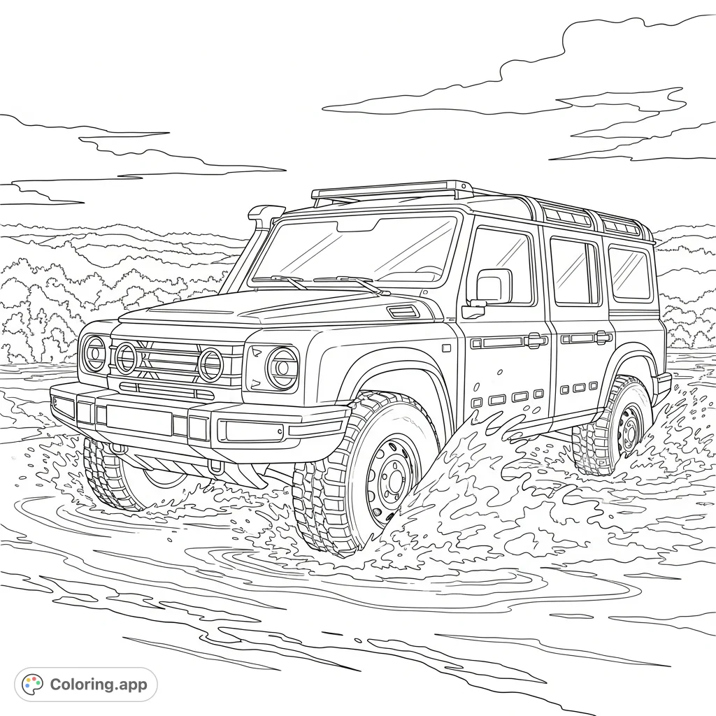 Experience the thrill of off-road adventure with this Ineos Grenadier navigating through a splashing water crossing. A rugged vehicle in dynamic motion, ready for your creative touch.
