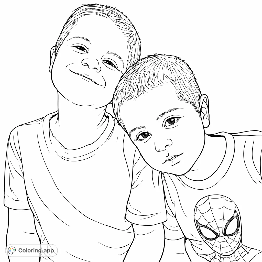 Capture the heartwarming bond of two cheerful boys, one smiling brightly and the other with a curious gaze. A delightful scene for all ages to color.