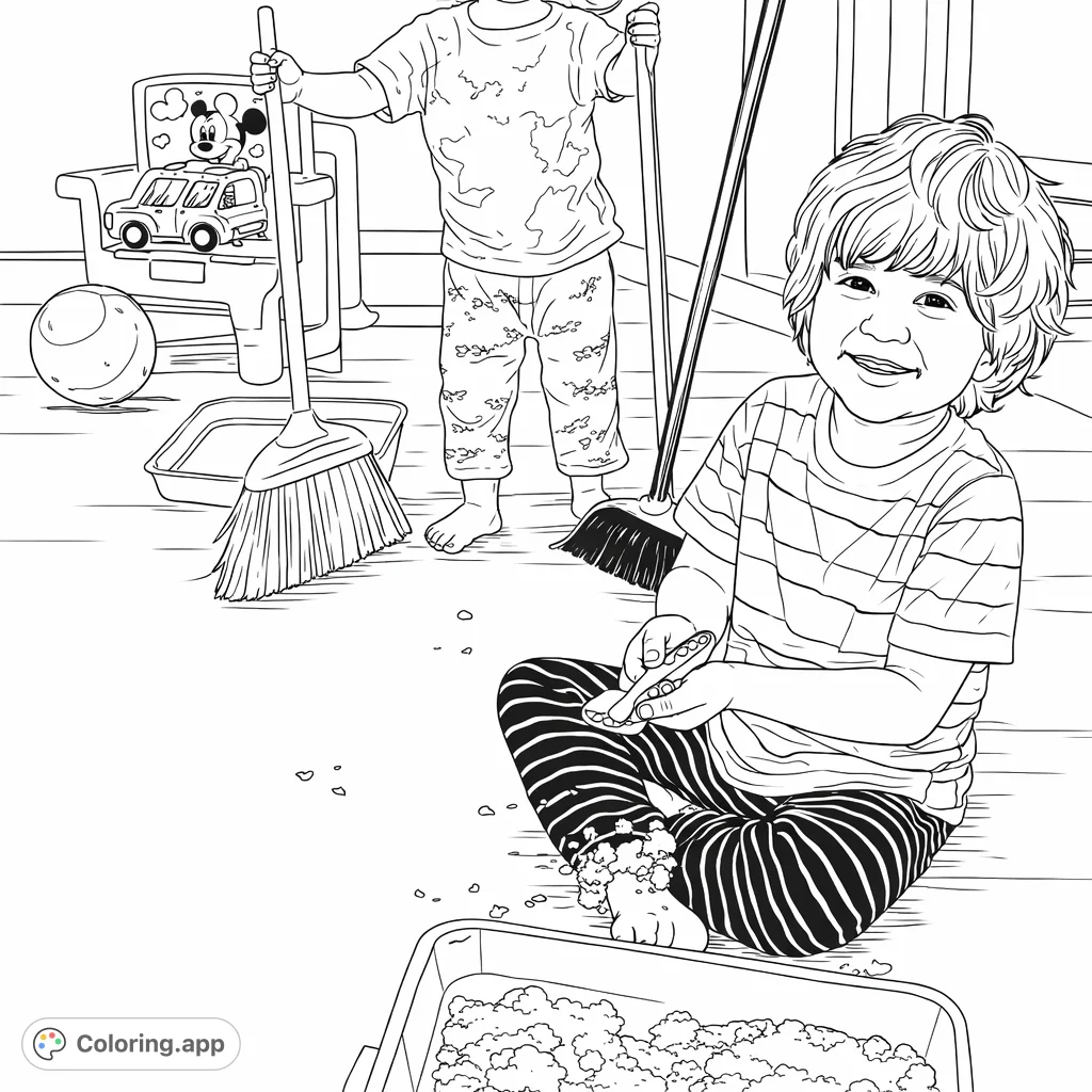 Two cheerful children engage in playful cleaning and sensory exploration. One sweeps with a broom, while the other enjoys a sensory tray in a heartwarming scene.