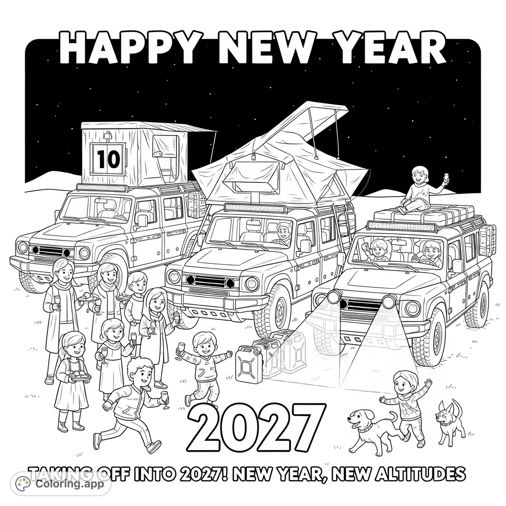 Celebrate New Year's Eve with this dynamic coloring page featuring families, "Happy New Year" text, and detailed Ineos Grenadier vehicles.