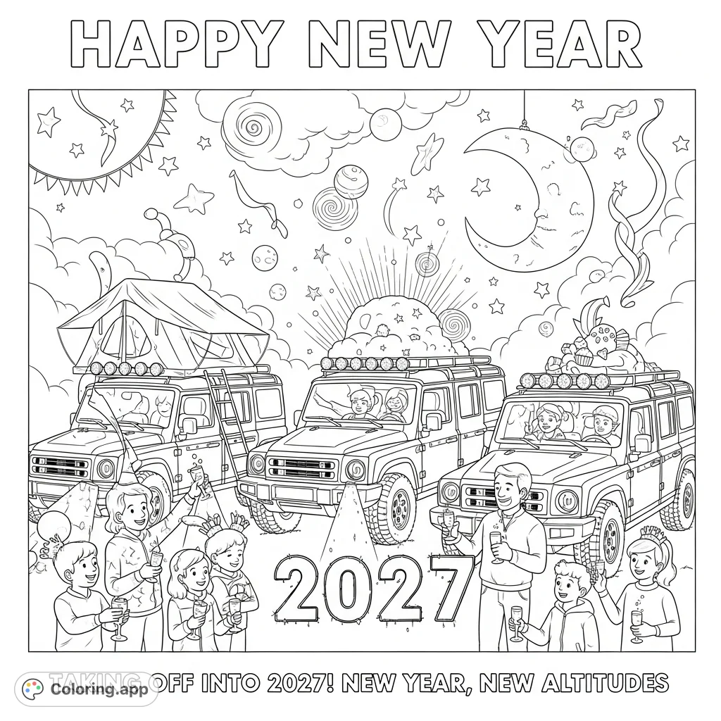 Celebrate New Year's Eve with a detailed coloring page featuring cheering families, Ineos Grenadier vehicles, and festive "Happy New Year" text.