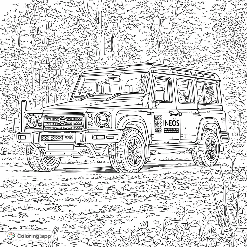 A detailed off-road vehicle ready for adventure, surrounded by a vibrant autumn forest floor and towering trees. Perfect for vehicle enthusiasts!