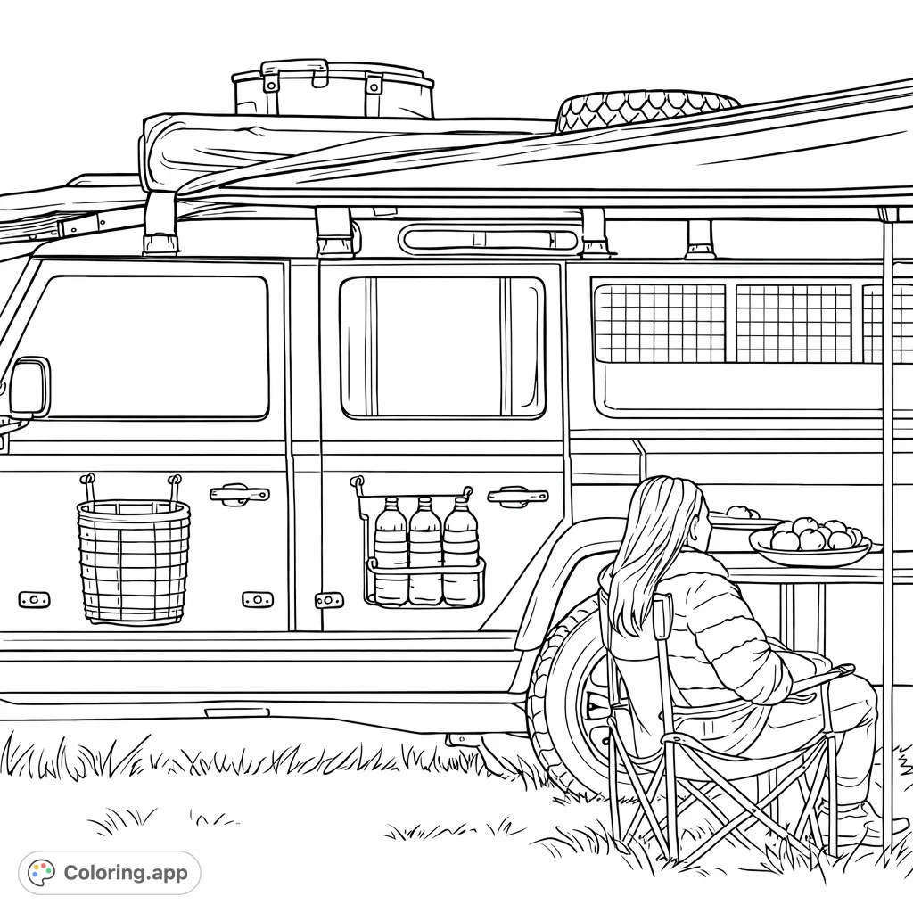Explore an off-road adventure scene featuring a rugged vehicle equipped for camping, an extended awning, and a relaxed person enjoying the outdoors.