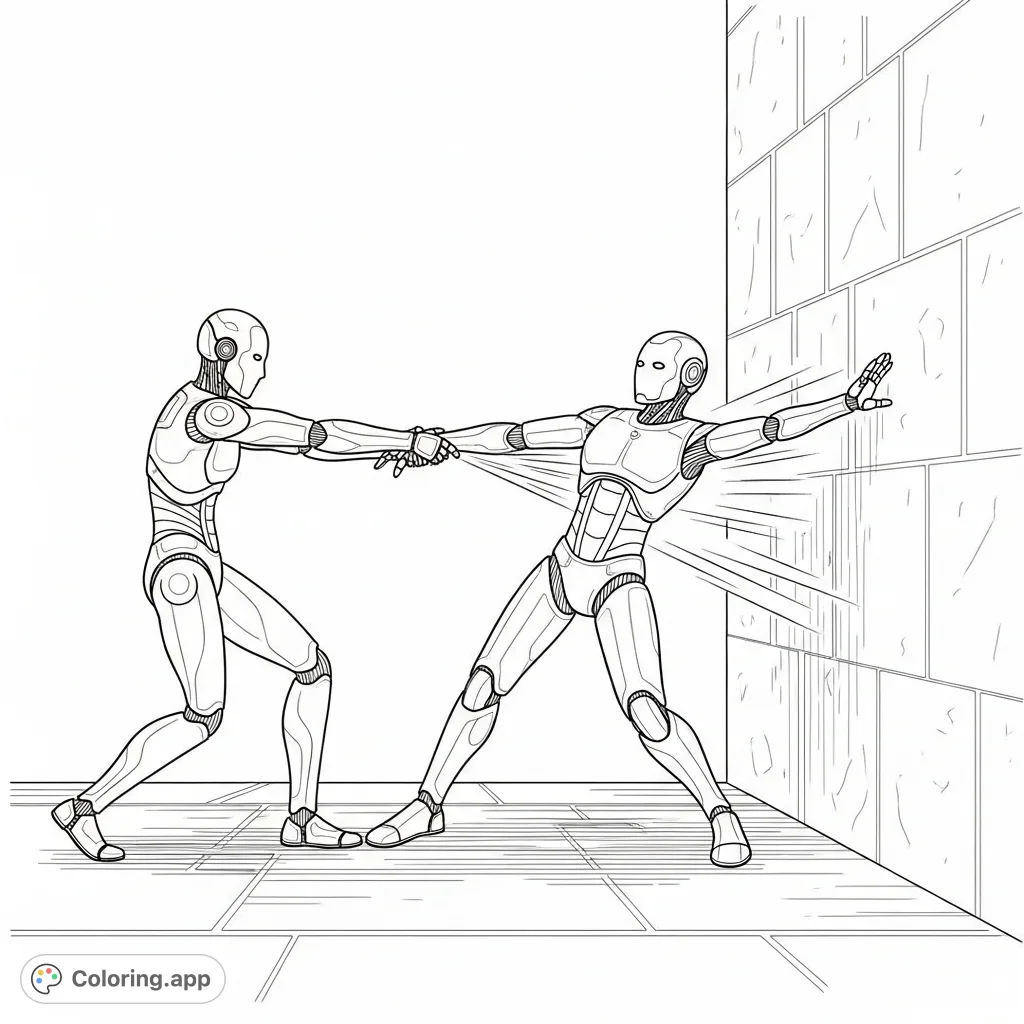 Witness a gripping moment as one humanoid robot pulls another from a collision with a wall. A dynamic scene filled with mechanical detail, perfect for coloring.