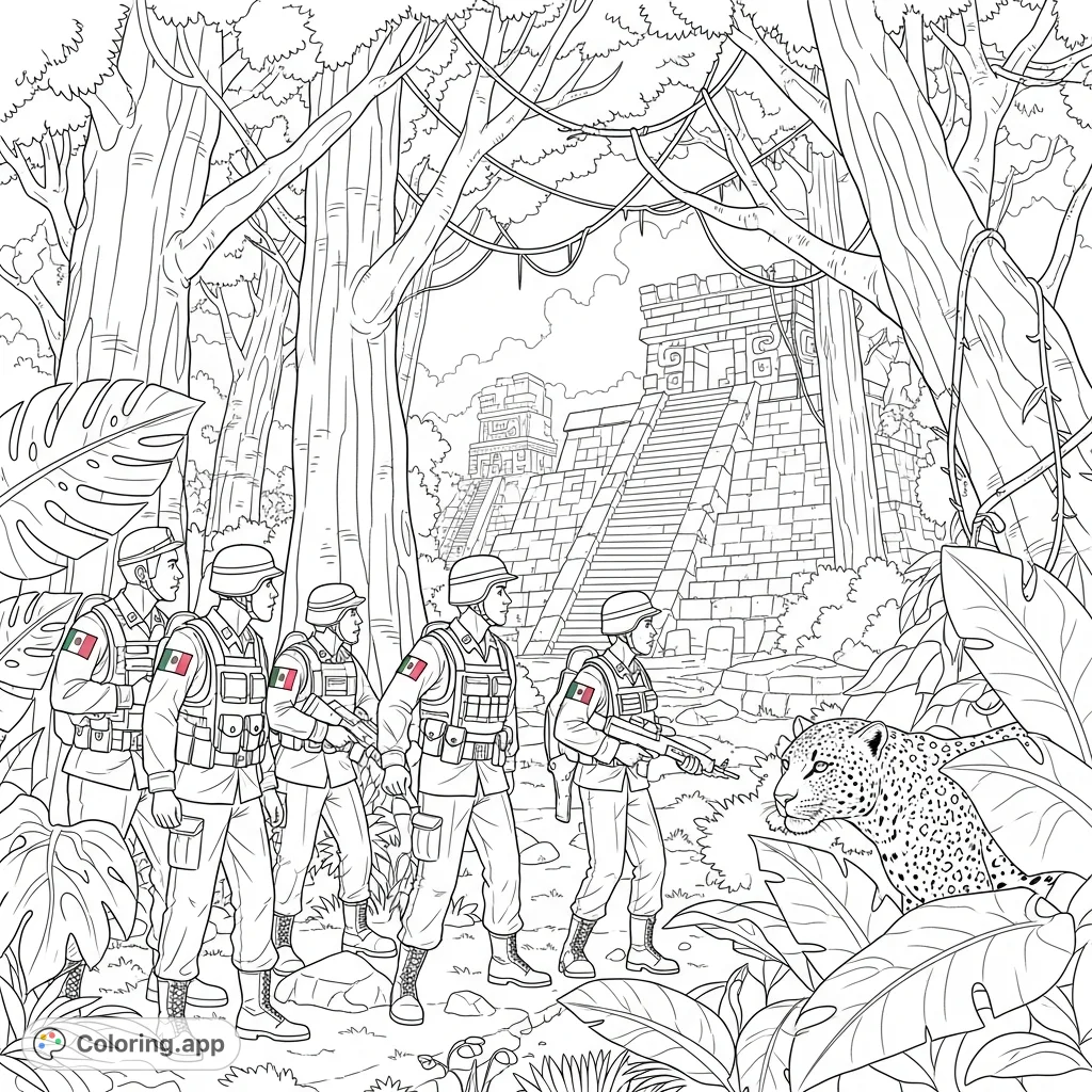 Experience an adventurous jungle scene with soldiers in active positions, ancient Mayan ruins, and a hidden leopard. A detailed military and nature coloring page for adults.