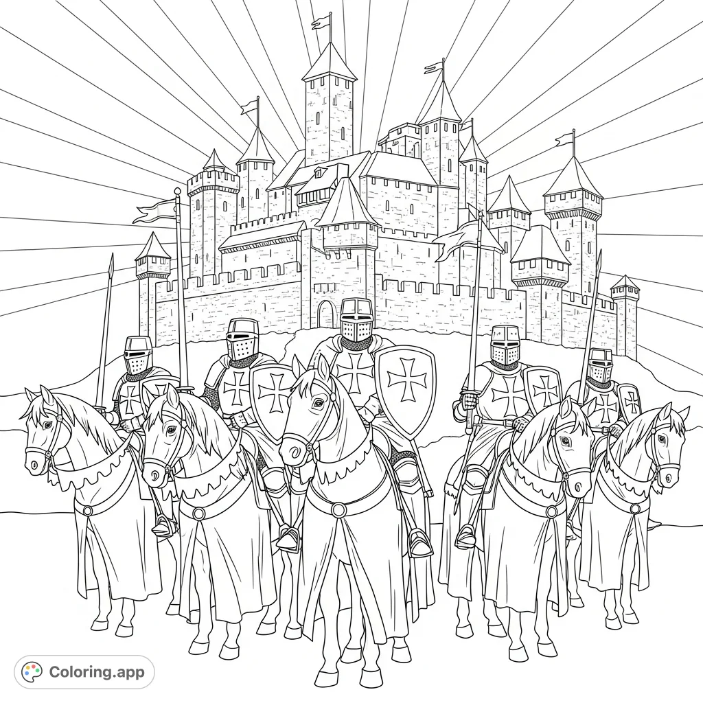 Gallop into history with this Teutonic Knights coloring page. Detailed knights on horseback before a majestic medieval castle at sunrise.