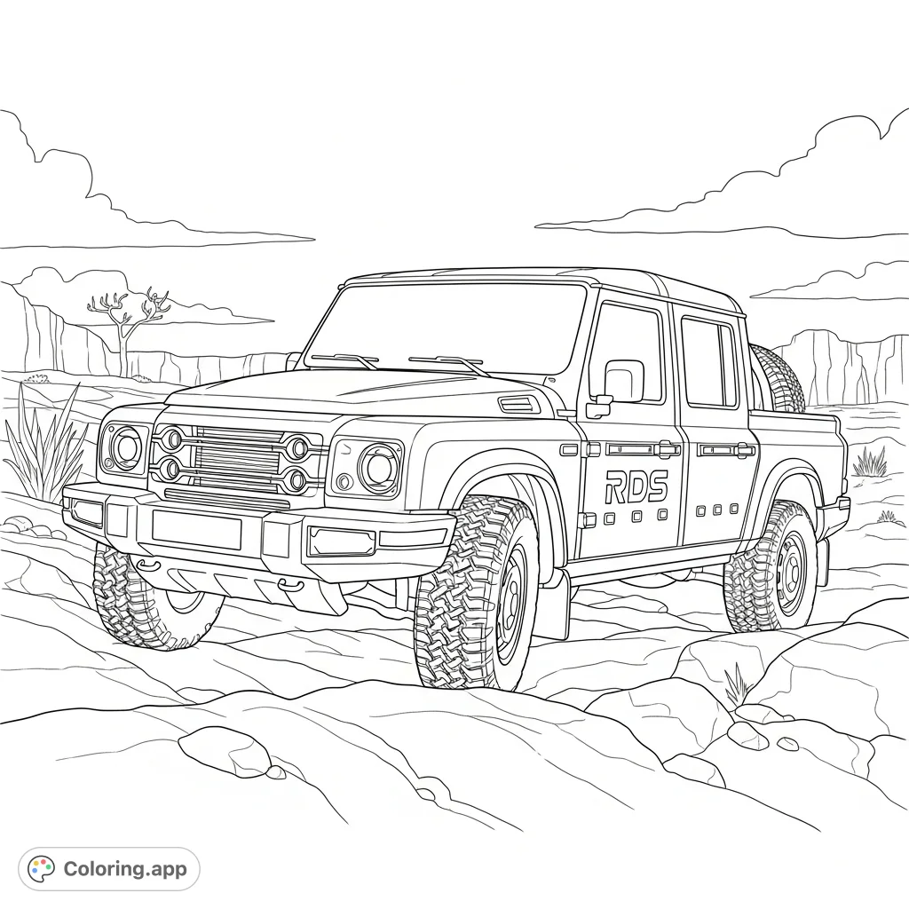 An INEOS Grenadier Quartermaster pickup navigating a rocky terrain, featuring its bold design and the distinct RDS logo. Perfect for automotive enthusiasts.