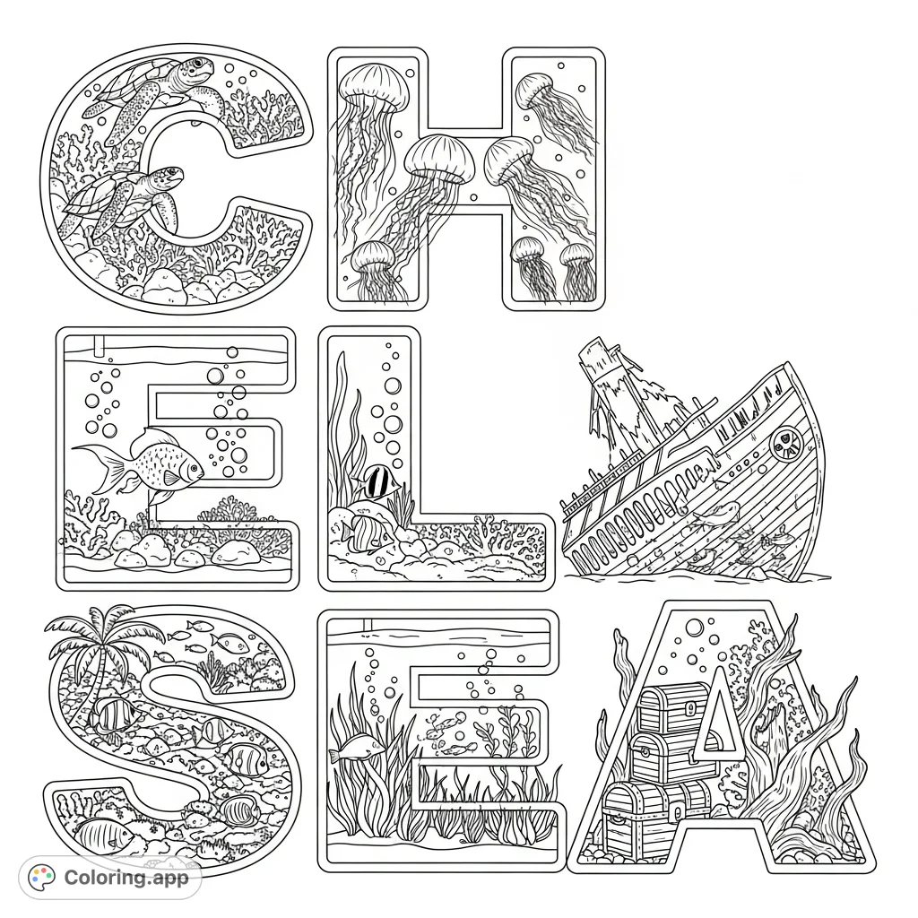 Color the name CHELSEA, with each bold bubble letter transformed into a unique underwater habitat featuring sea creatures, sunken ruins, and aquatic flora for a detailed adult coloring experience.