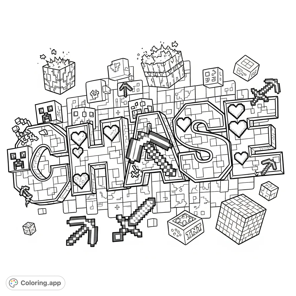 Dynamic "CHASE" graffiti with Minecraft elements like creepers, pickaxes, and TNT blocks on a pixelated wall. A creative and blocky design for gaming fans.