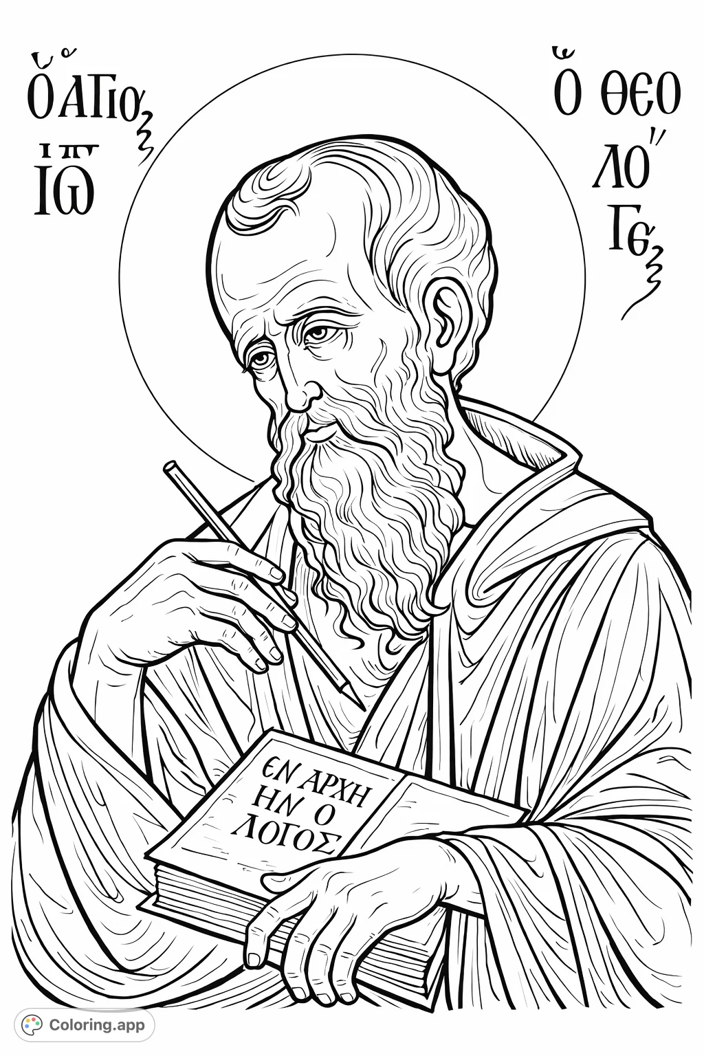 A detailed portrait of a venerable scribe, holding a writing instrument and an open book. Intricate robes and a thoughtful expression invite mindful coloring.