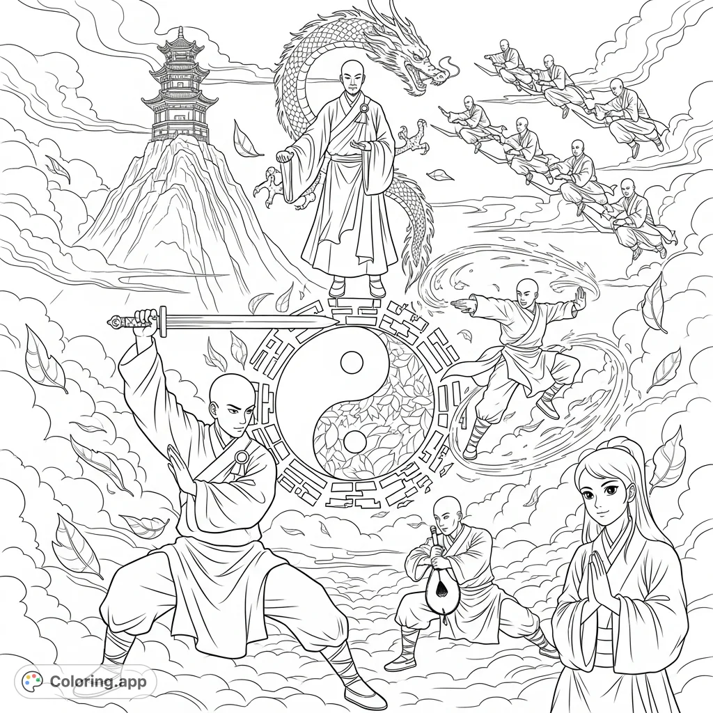 Immerse yourself in ancient martial arts with this detailed Wudang Taoist scene. Featuring monks, flying swords, and profound forms like Taichi and Baguazhang.