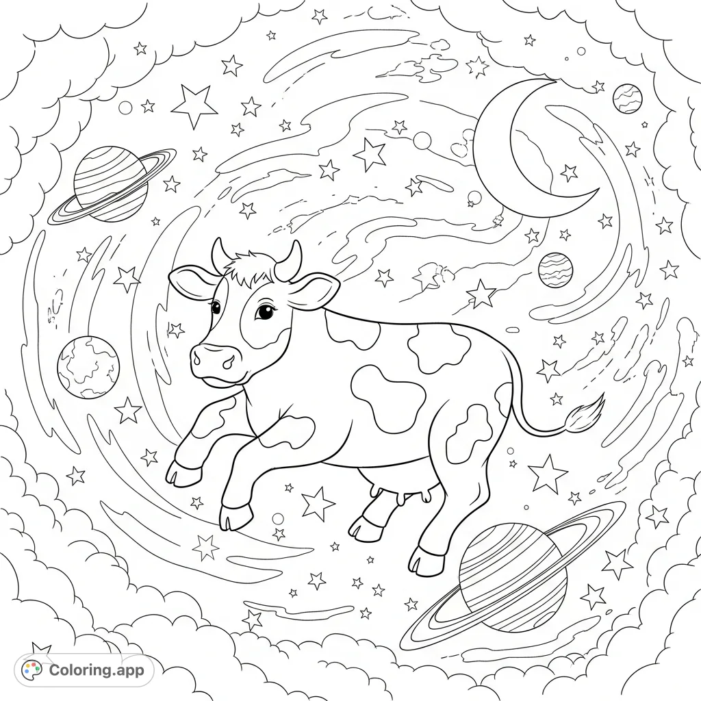 A whimsical cow drifts peacefully among stars, planets, and nebulae in this unique space coloring page, perfect for imaginative minds.