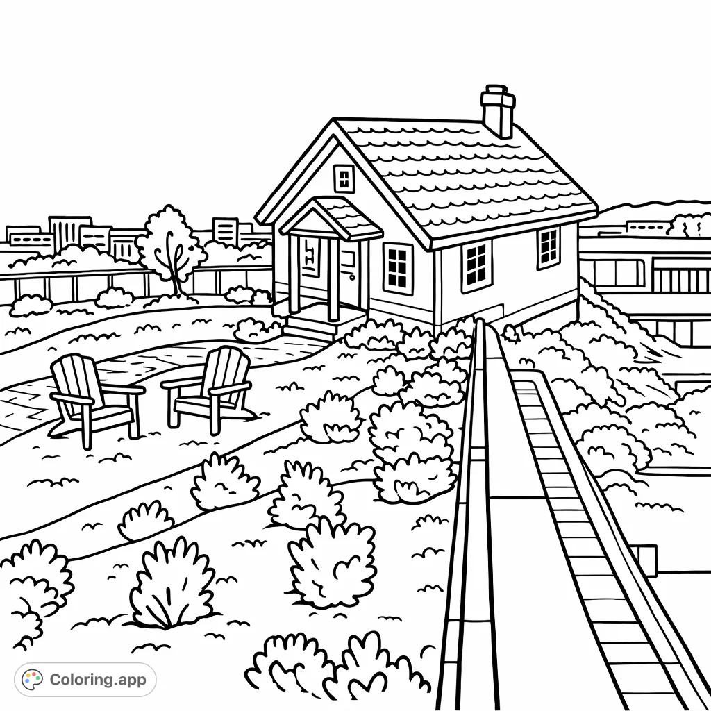 Explore a charming, cartoony house perched on a whimsical rooftop garden, surrounded by simple plants and a cozy seating area. A delightful free printable coloring page for all ages.