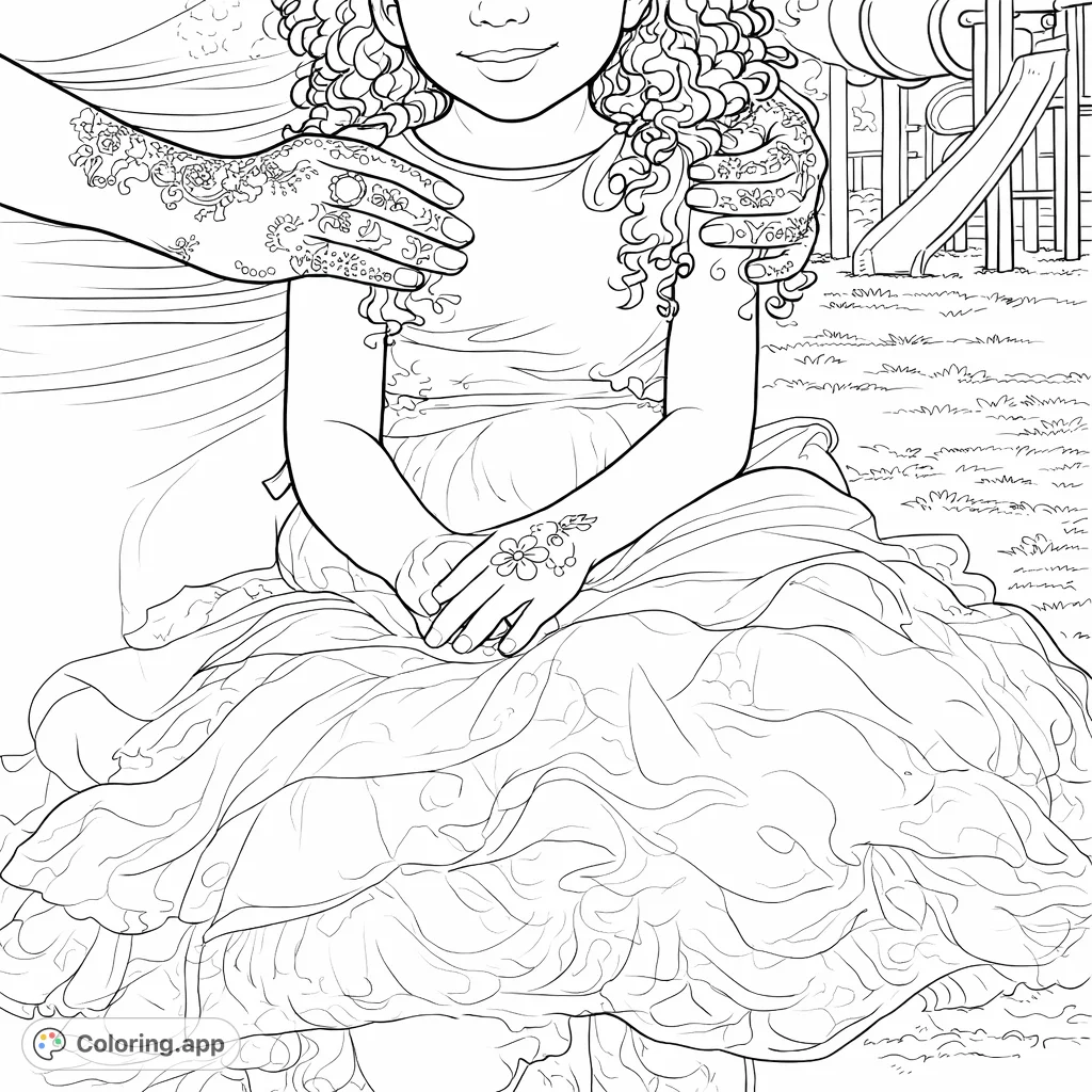 Celebrate cultural beauty with this intricate henna patterns coloring page featuring a child and an adult's decorated hand. Perfect for detailed coloring.