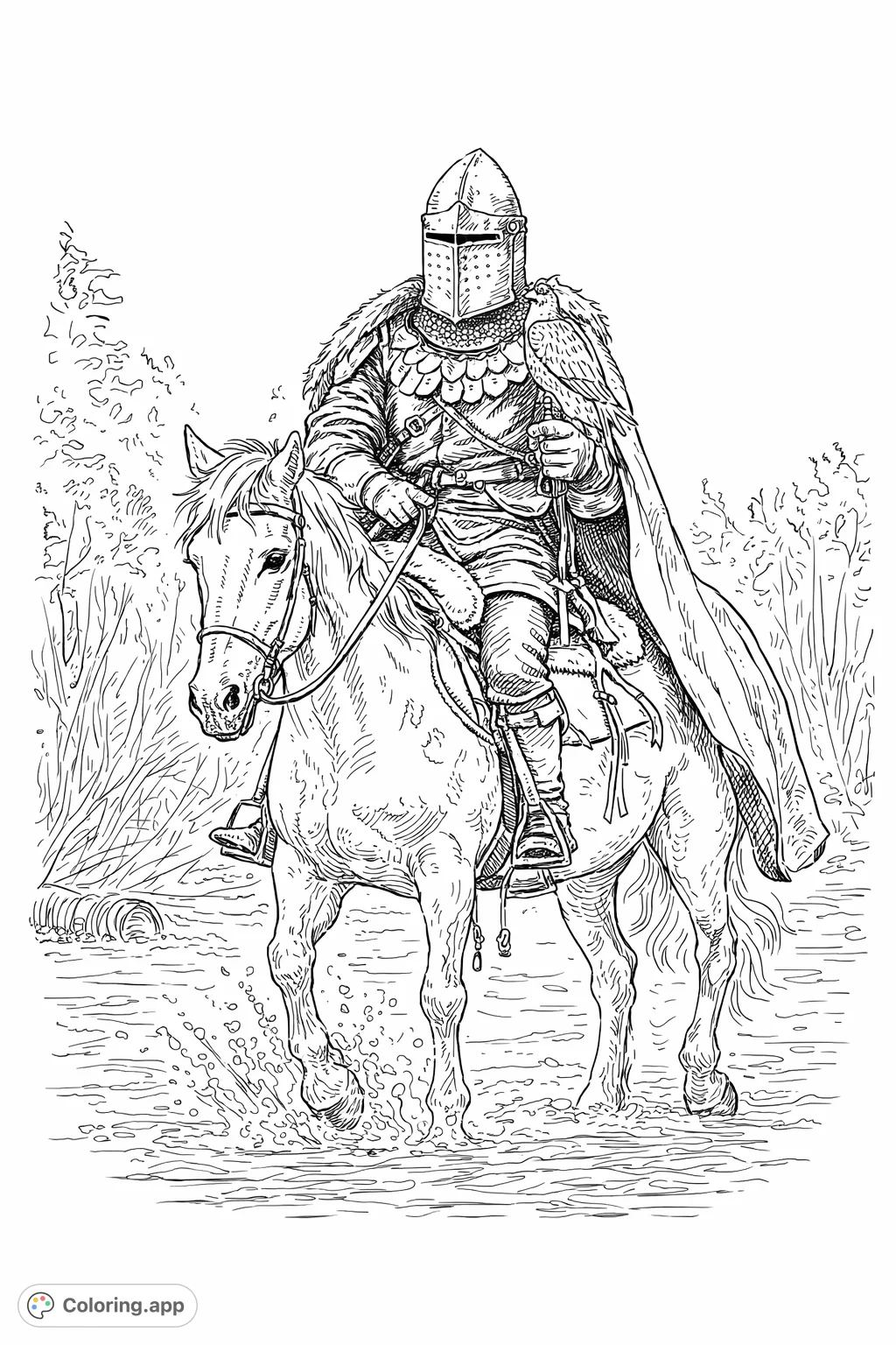 Embark on a medieval quest with this knight, horse, and falcon coloring page. A noble warrior on horseback with a loyal bird, perfect for epic tales.