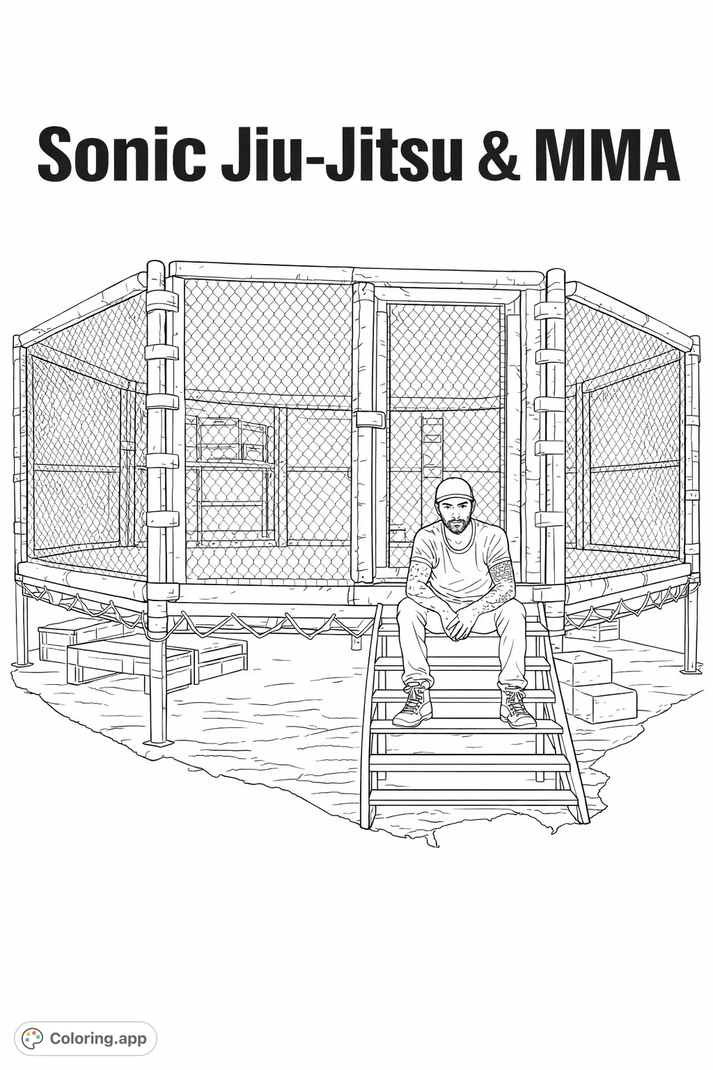 Color a detailed scene of a man resting on stairs next to an intricate MMA cage. Features a tattooed figure and complex structure for an engaging creative challenge.