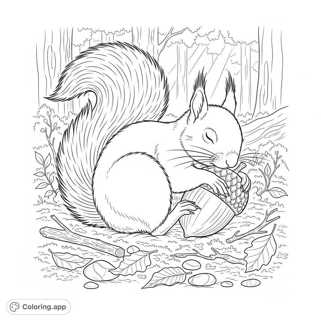A peaceful sleeping squirrel clutches an acorn amidst forest leaves, offering a tranquil scene for a relaxing coloring experience.