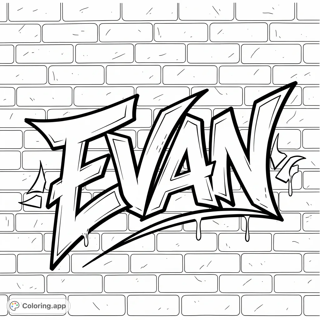 Color the name Evan in bold graffiti style against a textured brick wall background. A personalized urban art coloring page.