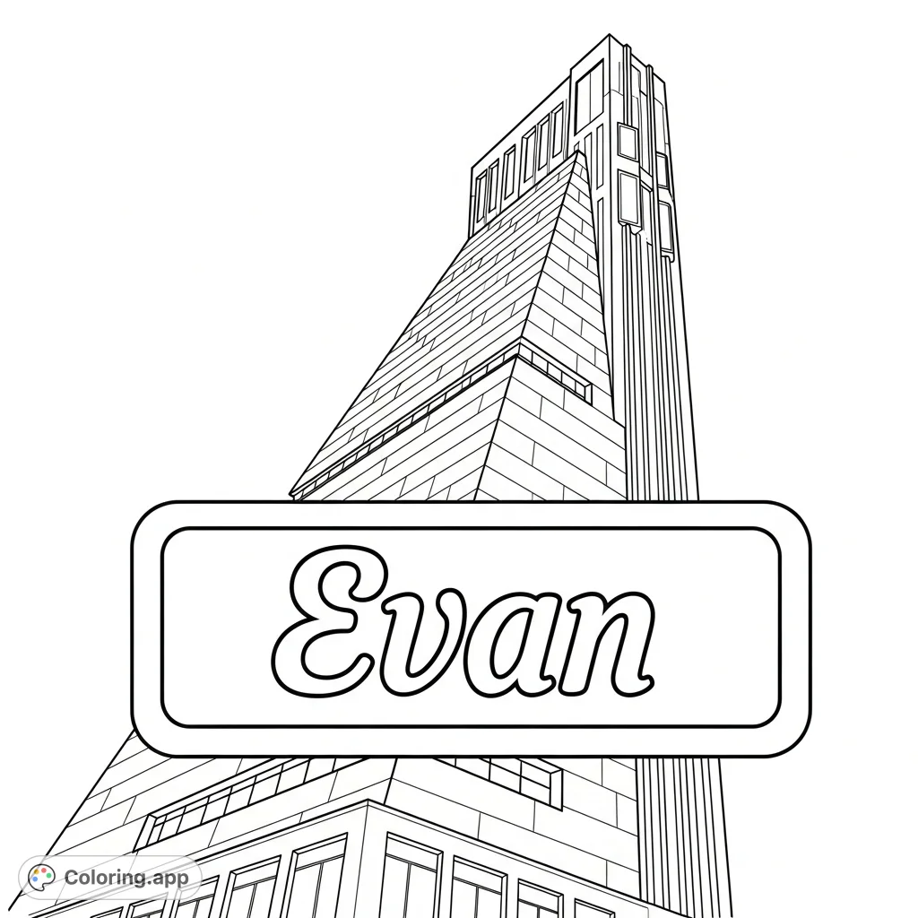 A personalized name tag for Evan, featuring his name in friendly cursive against a backdrop of a powerfully slanted, towering building. Perfect for a tough, urban vibe.