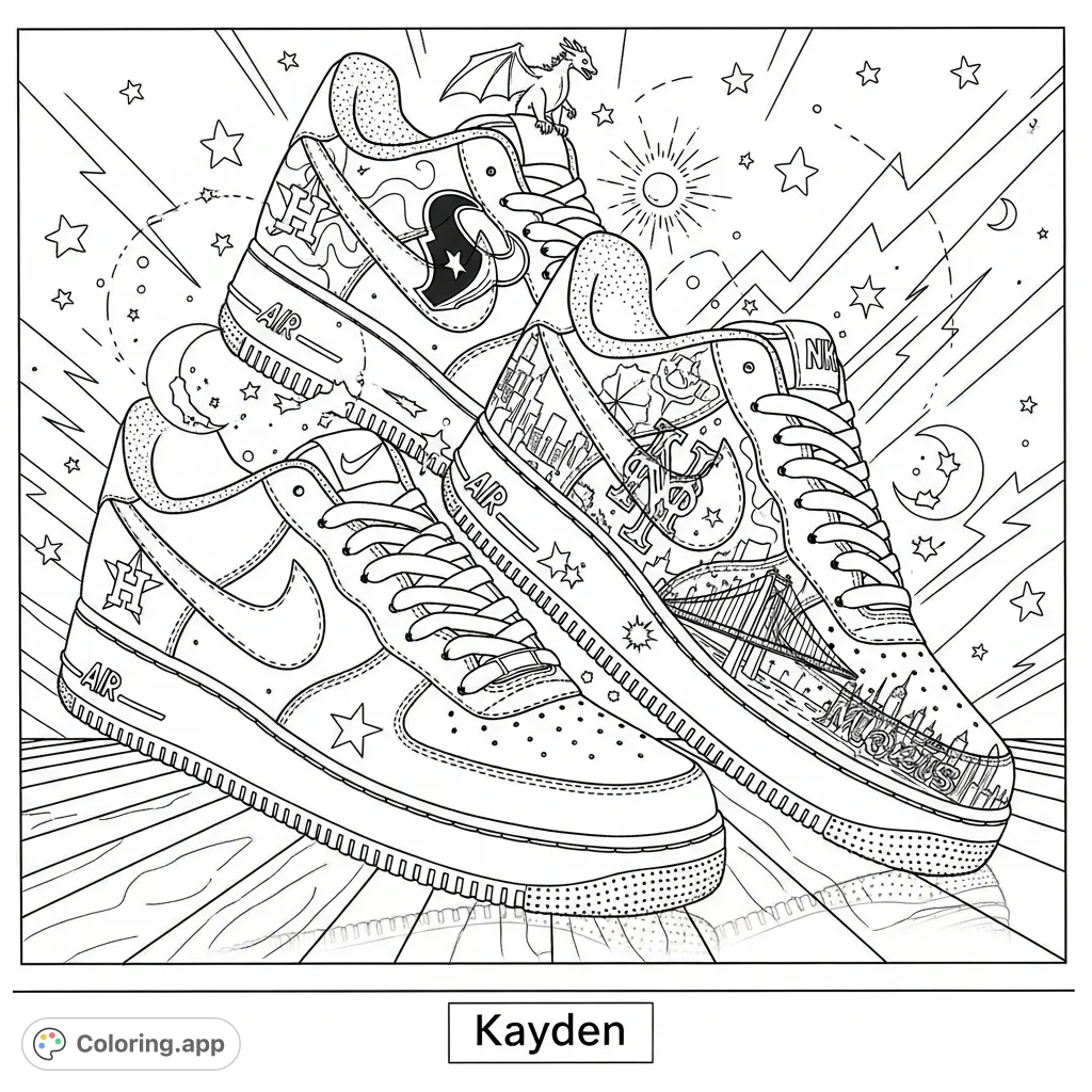Three iconic Air Force 1 sneakers, featuring Houston Astros, Houston Texans, and New York Mets logos, displayed dynamically on a polished floor. 'Kayden' is subtly featured.