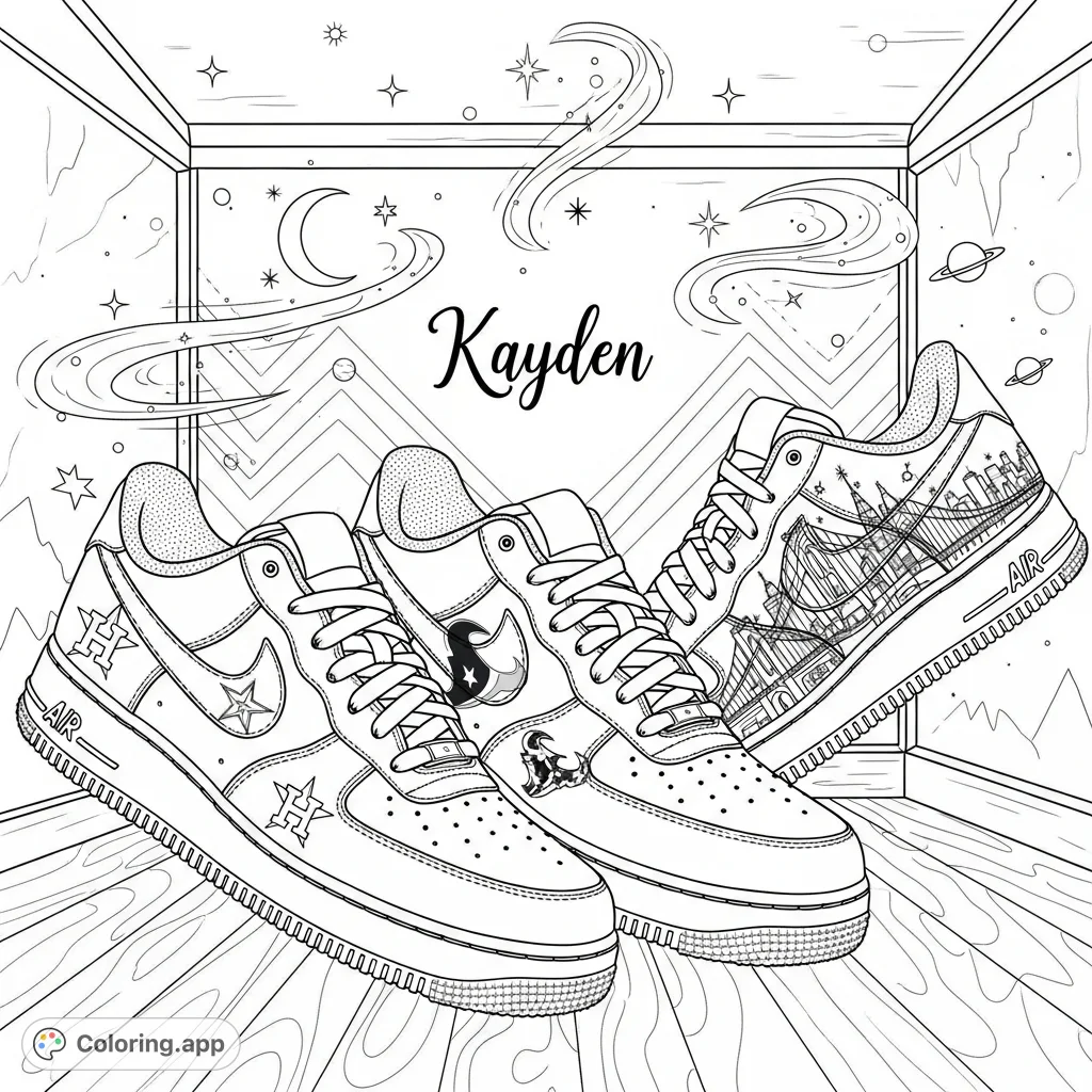 A dynamic display of three Air Force 1 shoes, featuring Houston Astros, Houston Texans, and New York Mets logos, personalized with "Kayden" in cursive.