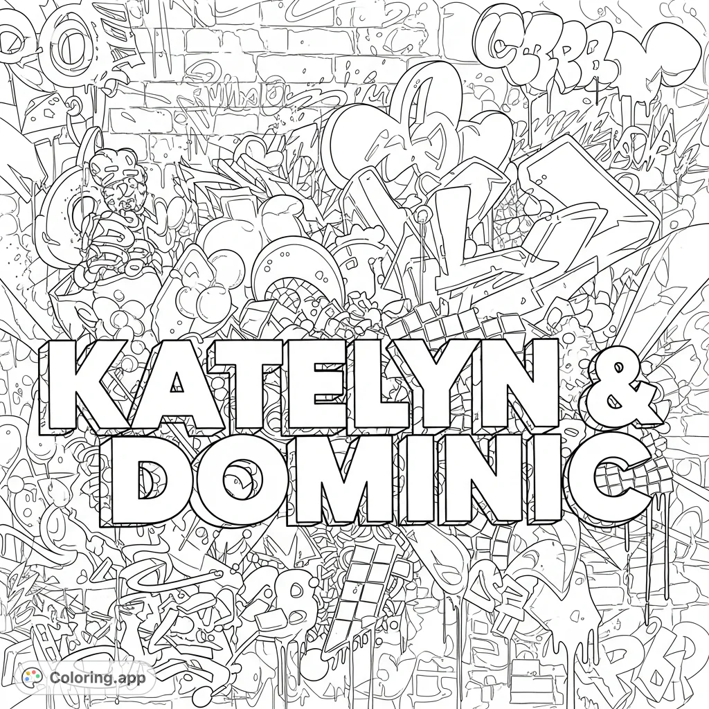 Personalized graffiti art featuring Katelyn and Dominic's names, set against a dynamic urban backdrop of tags, splatters, and brick textures. A cool, customizable page.