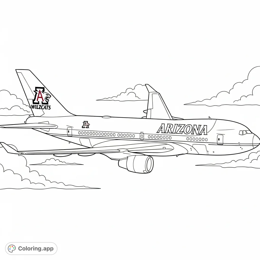 Soar with the Arizona Wildcats! This dynamic coloring page features a presidential-style aircraft adorned with the iconic "A" logo and "ARIZONA" branding.