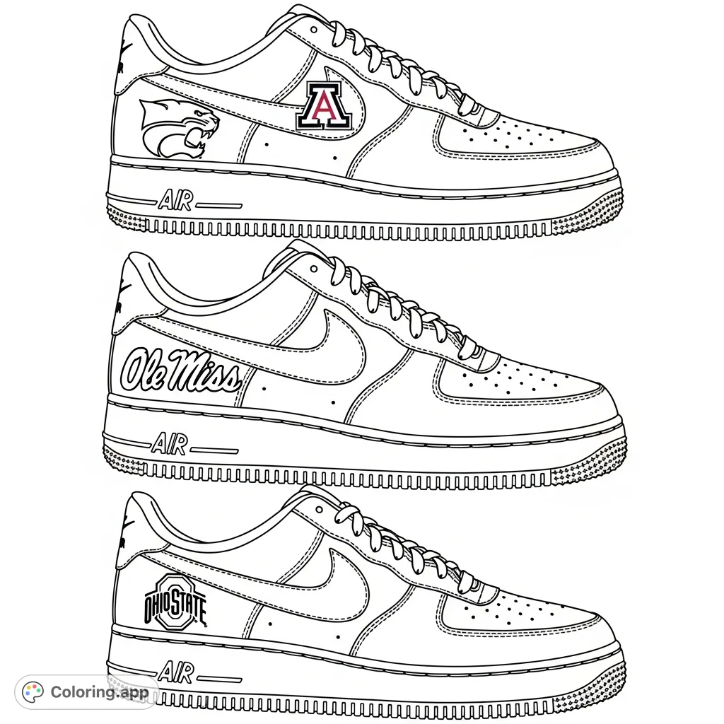 Show your team pride! A unique Air Force One shoe coloring page featuring custom designs for Arizona Wildcats, Ole Miss Rebels, and Ohio State Buckeyes.