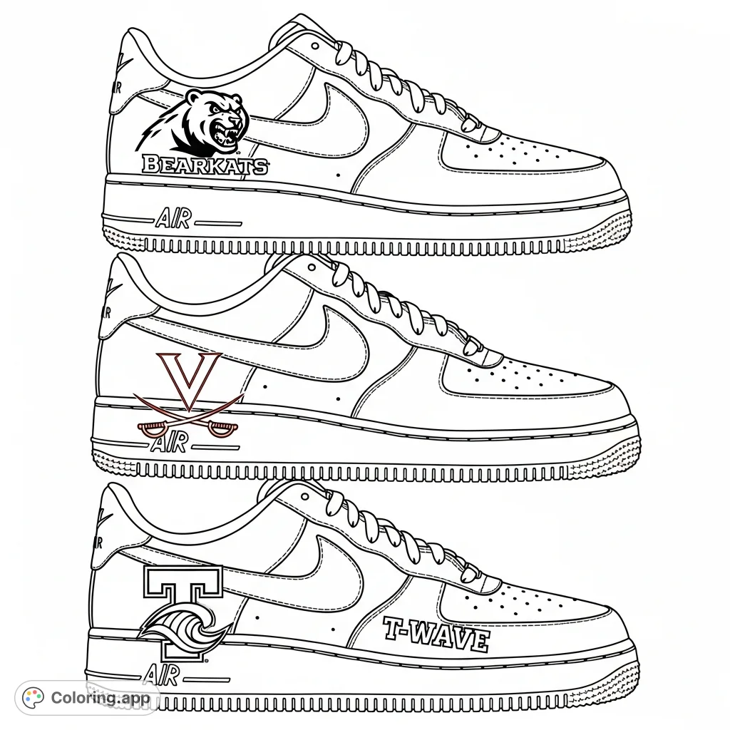 Three iconic Air Force 1 shoes customized with Sam Houston State Bearkats, Virginia Cavaliers, and Tulane University logos, stacked for a unique display.