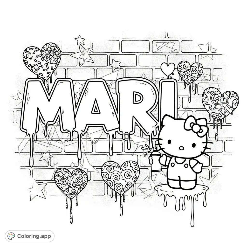 A vibrant urban graffiti scene featuring Hello Kitty holding a spray can next to the bold, dripping name "Mari," surrounded by hearts and geometric patterns on a brick wall. Perfect for street art enthusiasts.