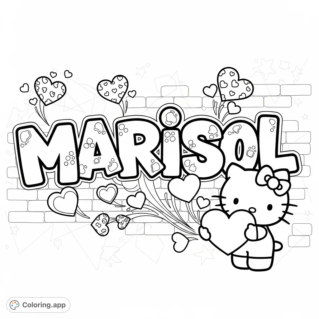 An urban street art scene featuring the name "Marisol" in bold graffiti, playfully accompanied by Hello Kitty holding a heart, surrounded by floating heart shapes.