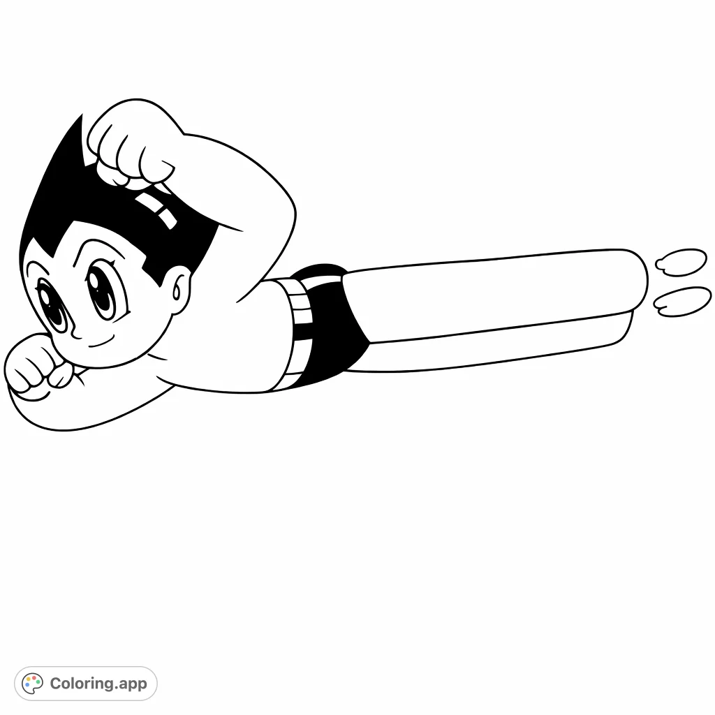 An iconic robot boy character in dynamic flight, ready for adventure! This classic anime coloring page offers simple shapes for a fun coloring experience.
