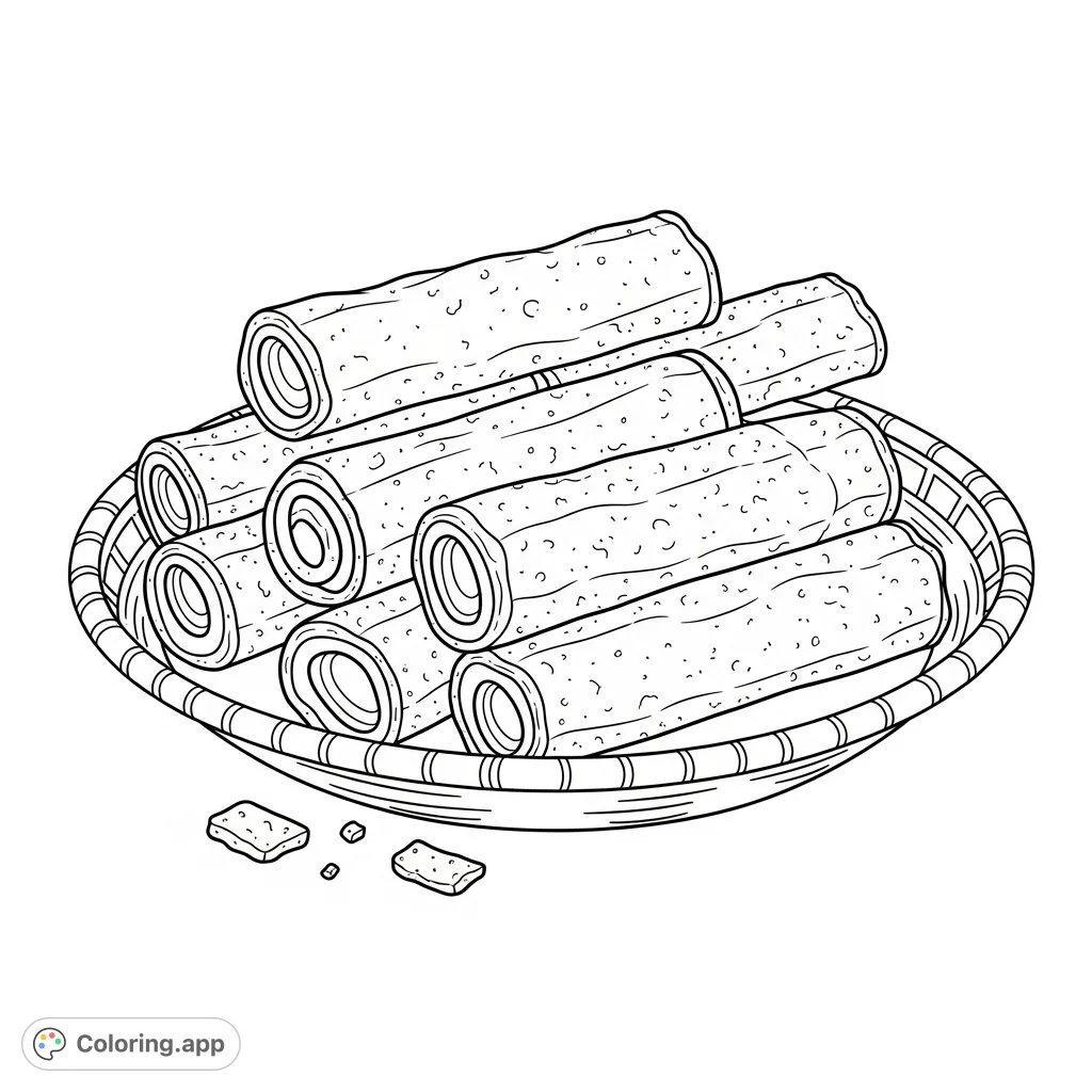 A fun, free printable Dynamite snacks coloring page featuring cylindrical, rolled finger foods in a woven basket, perfect for food enthusiasts of all ages!