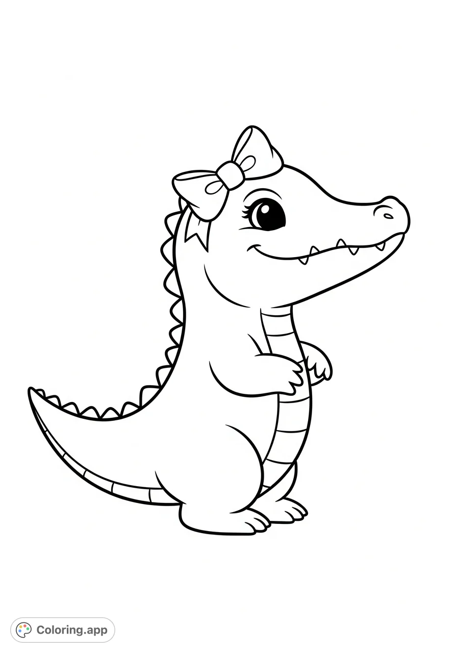 An adorable baby alligator with a sweet smile and an elegant bow, perfect for easy coloring. Simple shapes and wide spaces for toddlers!