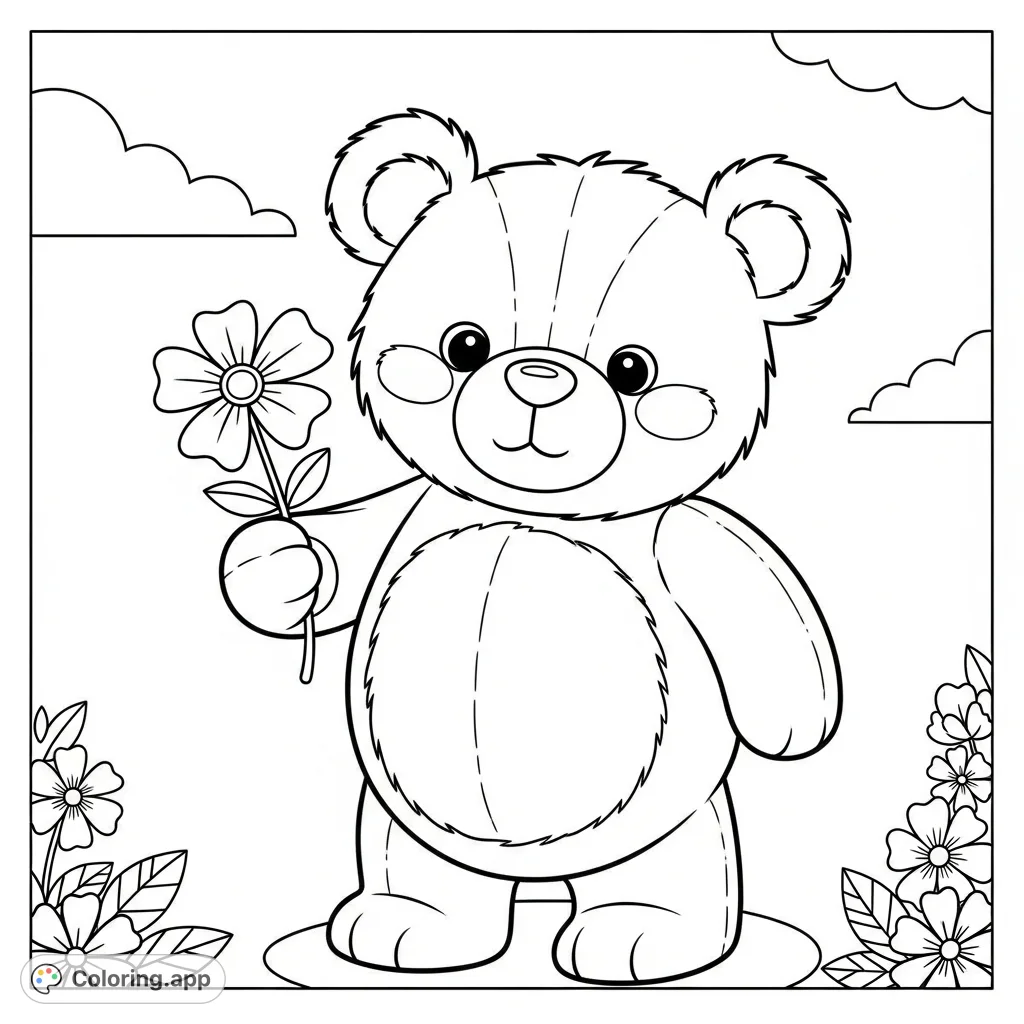 An adorable teddy bear coloring page featuring a charming cartoon-style bear gently holding a single flower. Perfect for young artists.