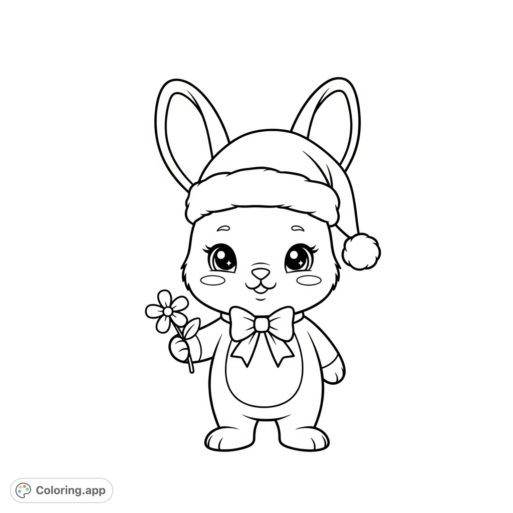 An adorable kawaii baby bunny wears a Santa hat and bow tie, holding a flower. Perfect for easy, festive coloring fun!