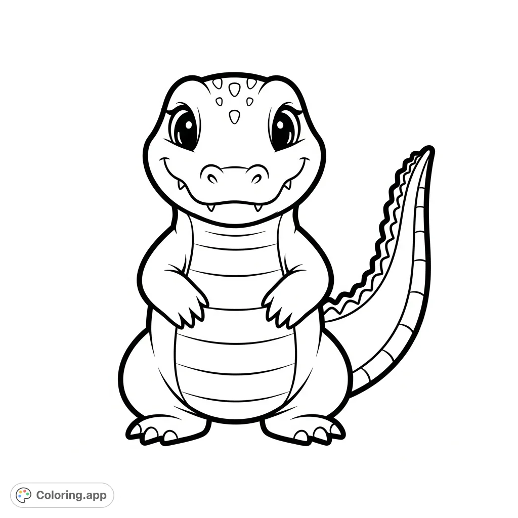 Discover this adorable baby alligator coloring page, standing tall with a happy, sweet face and charming details. Perfect for young artists!