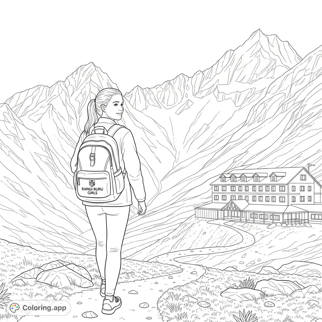 Join a determined teenager on a mountain hike, featuring the Rangi Ruru Girls school logo and a cozy lodge in the scenic background. Perfect for school spirit!