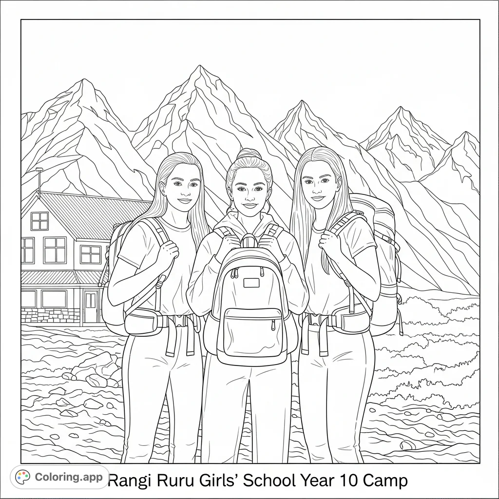 An engaging Rangi Ruru Girls' School year 10 camp coloring page featuring three teenage girls with backpacks in a mountain scene with a lodge.