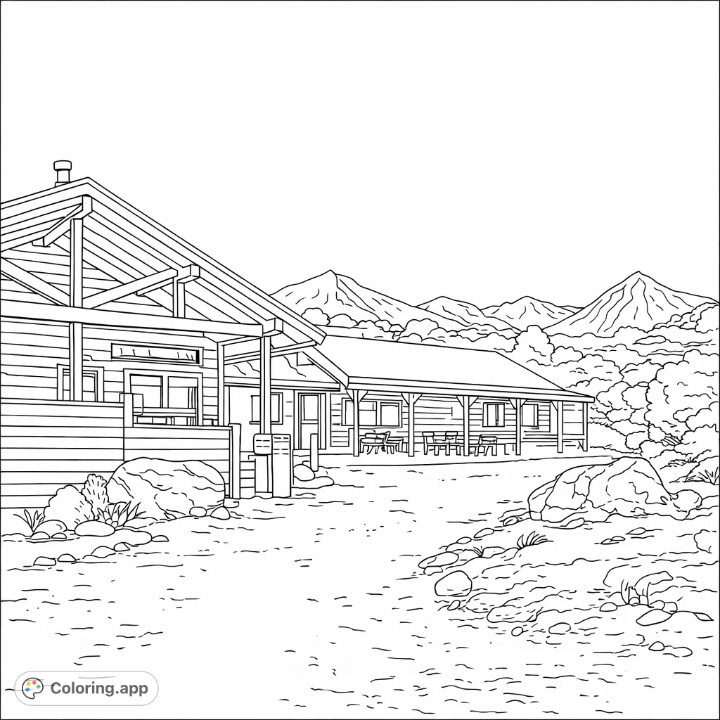 Immerse yourself in a serene mountain retreat with two rustic lodges set against majestic, snow-capped peaks and rugged terrain. Perfect for nature lovers.