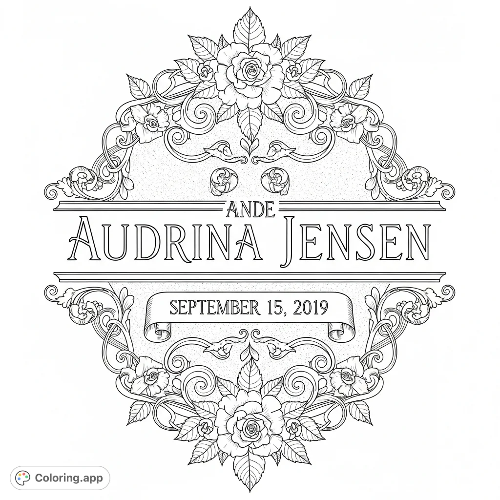 An elegant, personalized coloring page featuring the names Steven and Audrina Jensen with the date September 15, 2019, framed by intricate scrollwork and delicate florals. Perfect for celebrating special moments and creating a meaningful keepsake.
