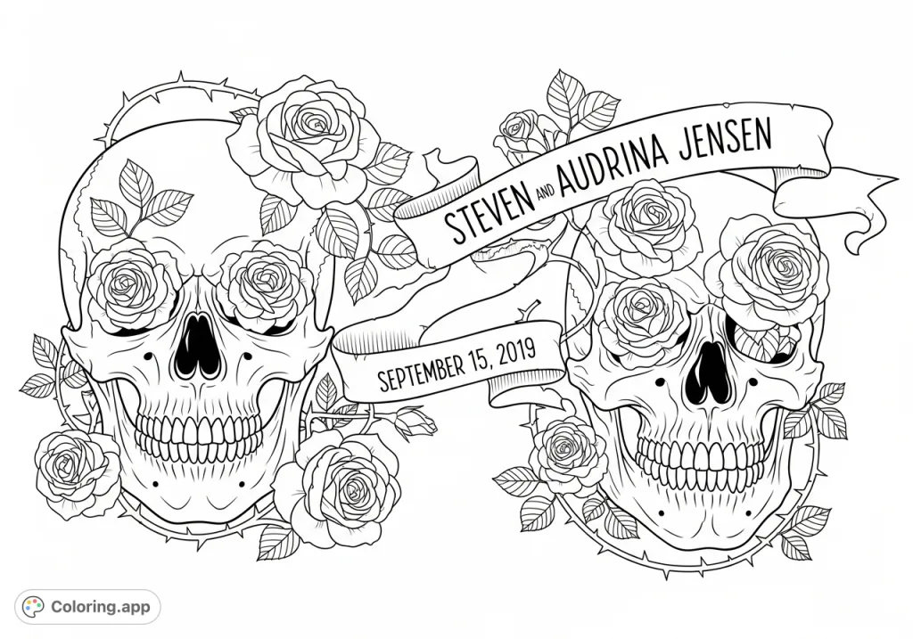 An intricate design featuring intertwined skulls and roses, with 'Steven & Audrina Jensen, September 15, 2019' elegantly incorporated for a unique memento.
