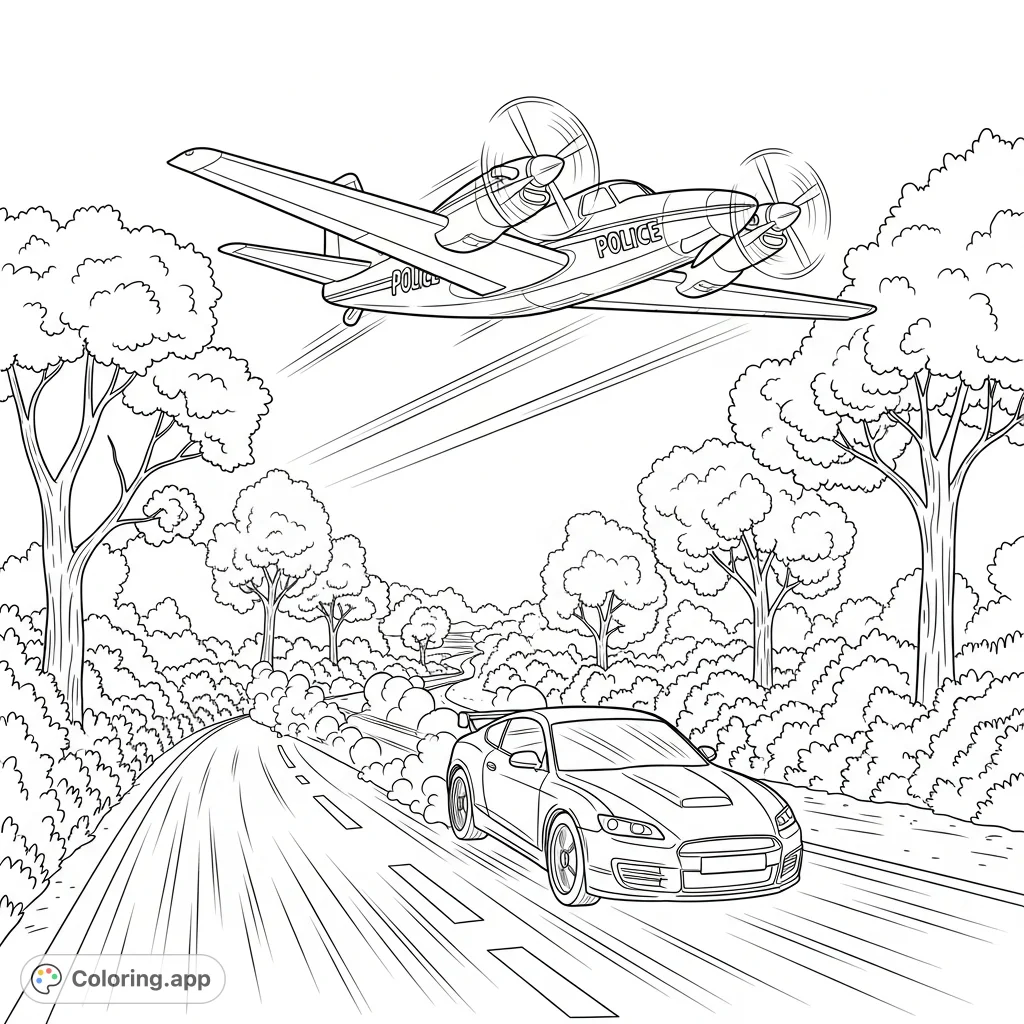 A thrilling police airplane chase is underway as it pursues a getaway car speeding near dense woods. A dynamic action scene for all ages.