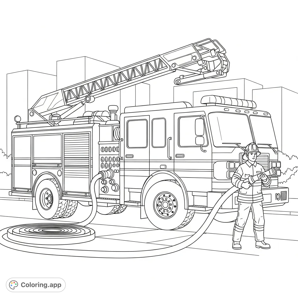 A detailed fire truck with extended hoses and a courageous firefighter ready for action. Perfect for young heroes who love community helpers and rescue vehicles.